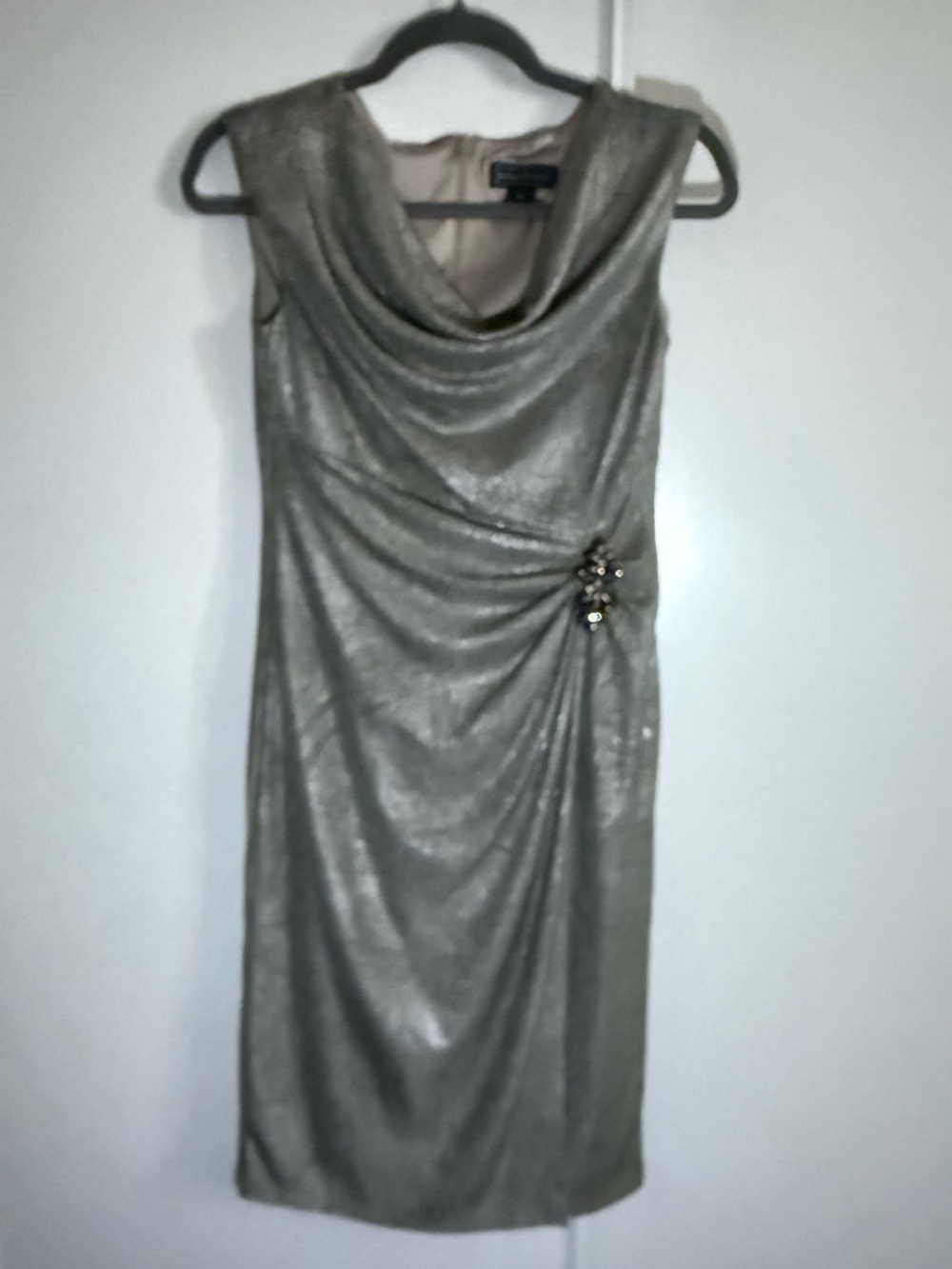 Jessica Howard Metallic Silver Cowl Neck Sheath Dress with Side Jewel Detail